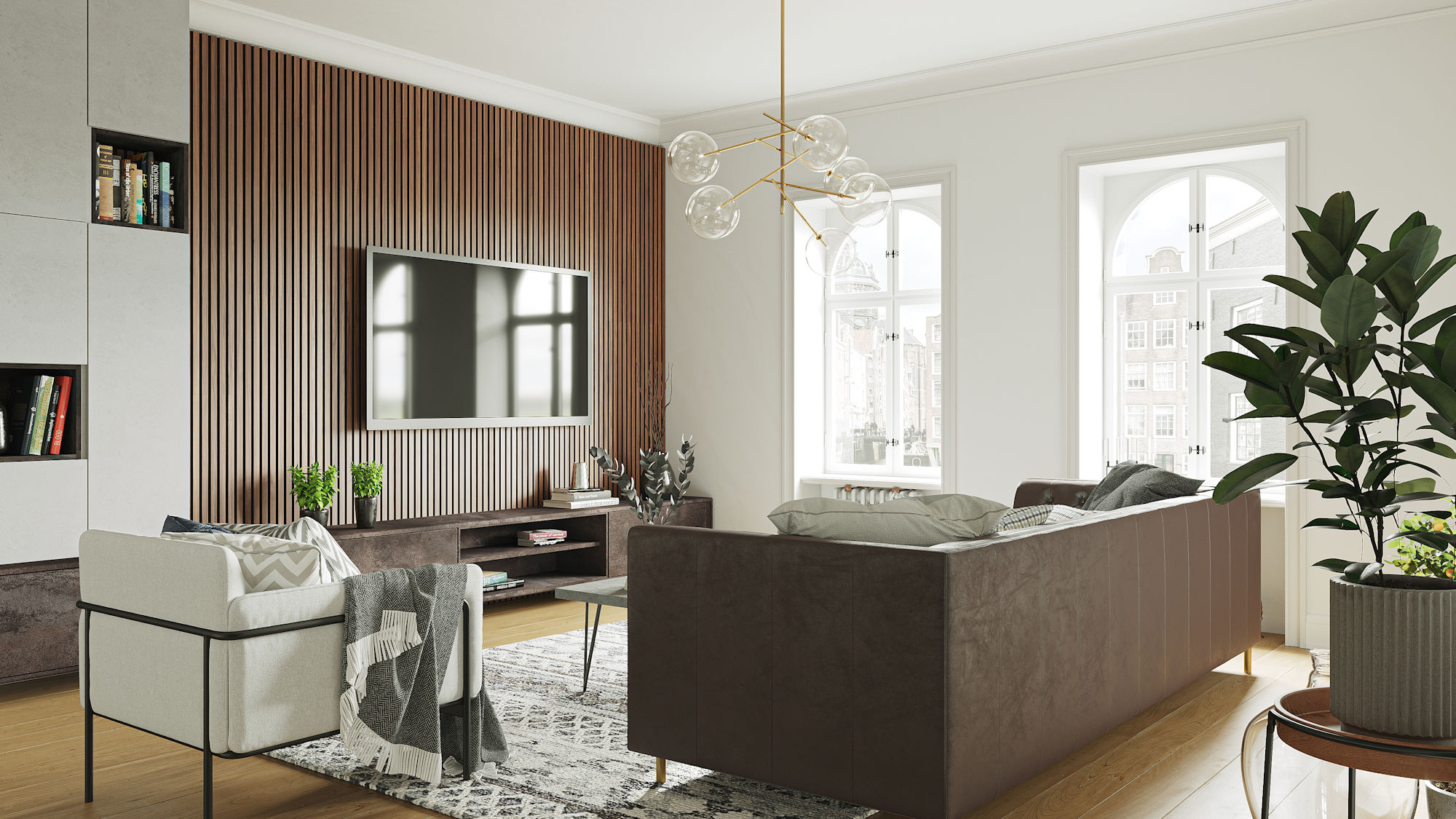 Image of a slat wall media unit in a living room